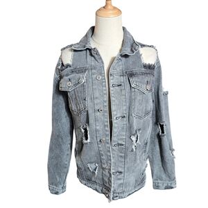 Distressed Thrashed Black Gray Denim Jacket